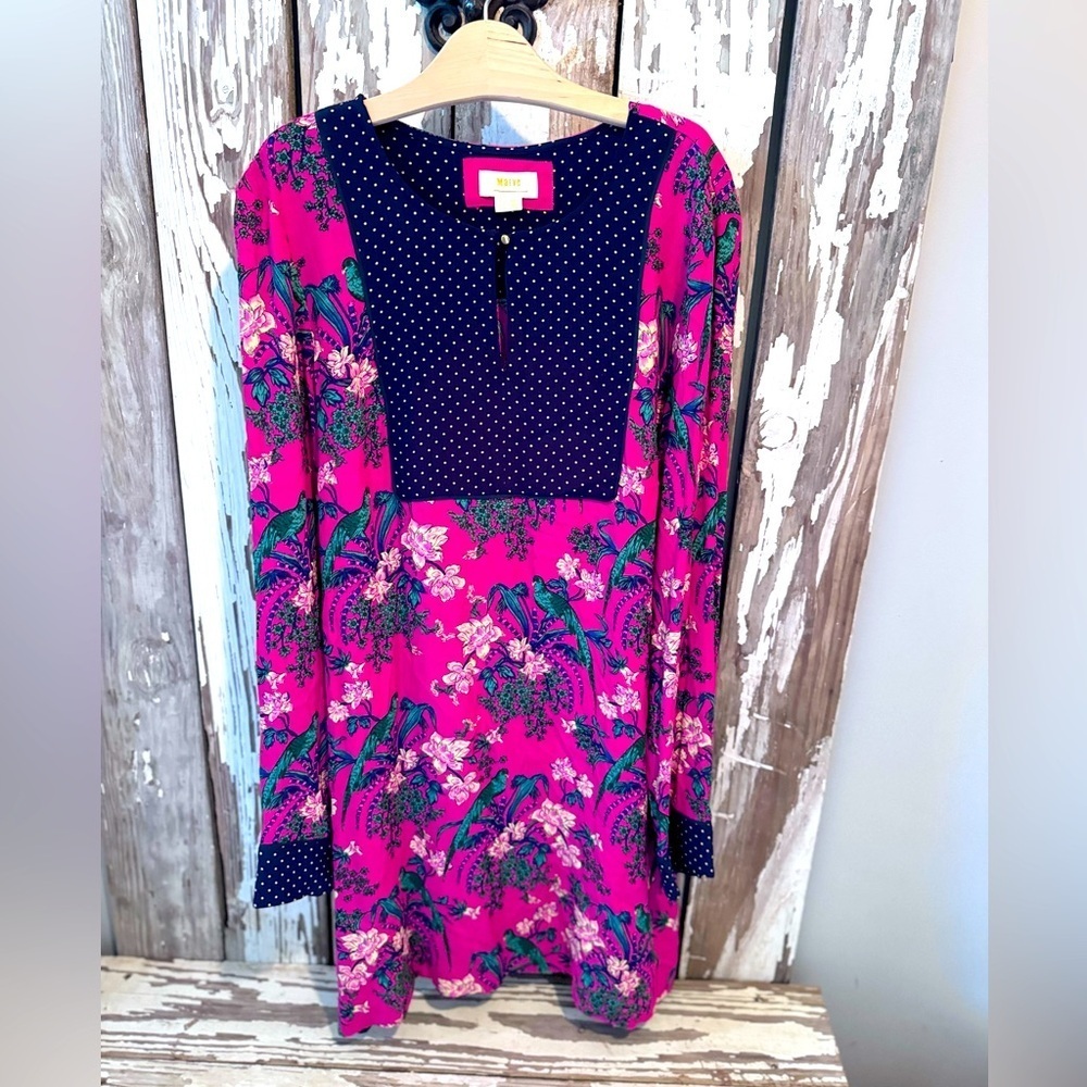 Maeve Fuchsia Floral Long Sleeve Dress with Navy Polka Dot Yoke
